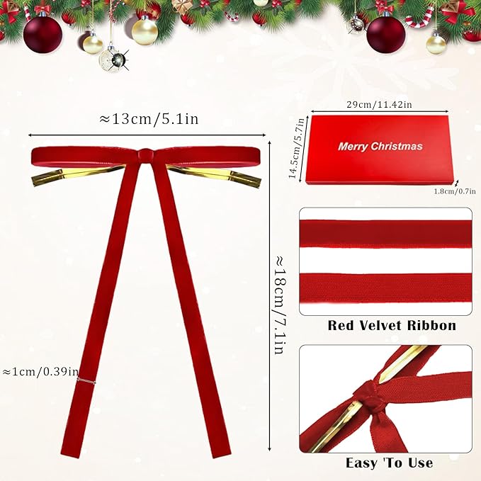 24 Pcs Velvet Bows for Christmas Tree Ribbon Bows for Home Tree Garland Wreath Indoor Rustic Crafts Gift Xmas Decorations Holiday Wedding Outdoor (Red)