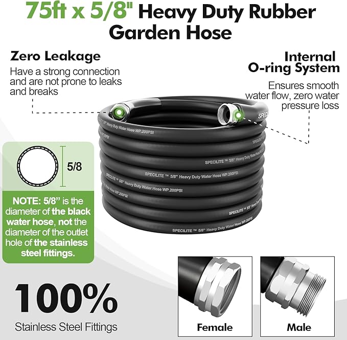 SPECILITE 5/8 Garden Hose 75 ft with High Flow Nozzle, Heavy Duty Flexible Hybrid Rubber Water Hose for Outdoor, Lightweight, Leak-Proof, No-Kink, 3/4Brass Fittings,Black