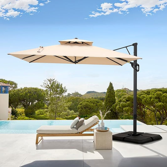 GREEN PARTY 10x10 ft Cantilever Patio Umbrella, Outdoor Offset Umbrellas with 360° Rotation, 5-Year-Non-Fading Hanging Pool Umbrella for Garden Deck Poolside - Beige