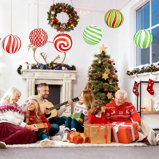 12 PCS Peppermint Christmas Paper Lanterns 12 Inch Round Red Green Xmas Hanging Paper Lanterns Set Candy Canes Lantern Party Decorations for Xmas Indoor Outdoor