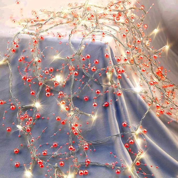 OVV Christmas Decorations 13FT Pearl Garland String Lights 40LED Festive Lighted Berry Beaded Indoor Xmas Decor Warm Lights for Bedroom Mantel Wedding Party Battery Operated (Red)