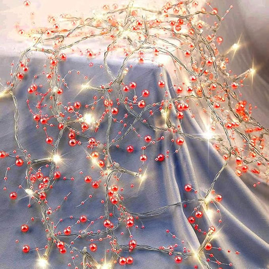 OVV Christmas Decorations 13FT Pearl Garland String Lights 40LED Festive Lighted Berry Beaded Indoor Xmas Decor Warm Lights for Bedroom Mantel Wedding Party Battery Operated (Red)