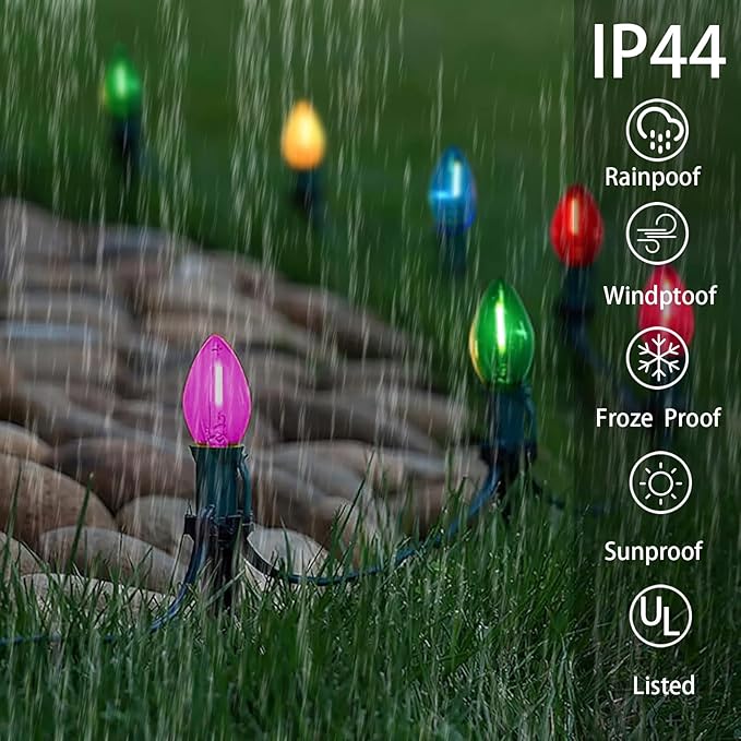 C7 LED Christmas String Lights,25Ft Multicolor Outdoor Lights with 27 Energy-Efficient,Waterproof Clear Bulbs for Indoor/Outdoor Holiday & Party Decor