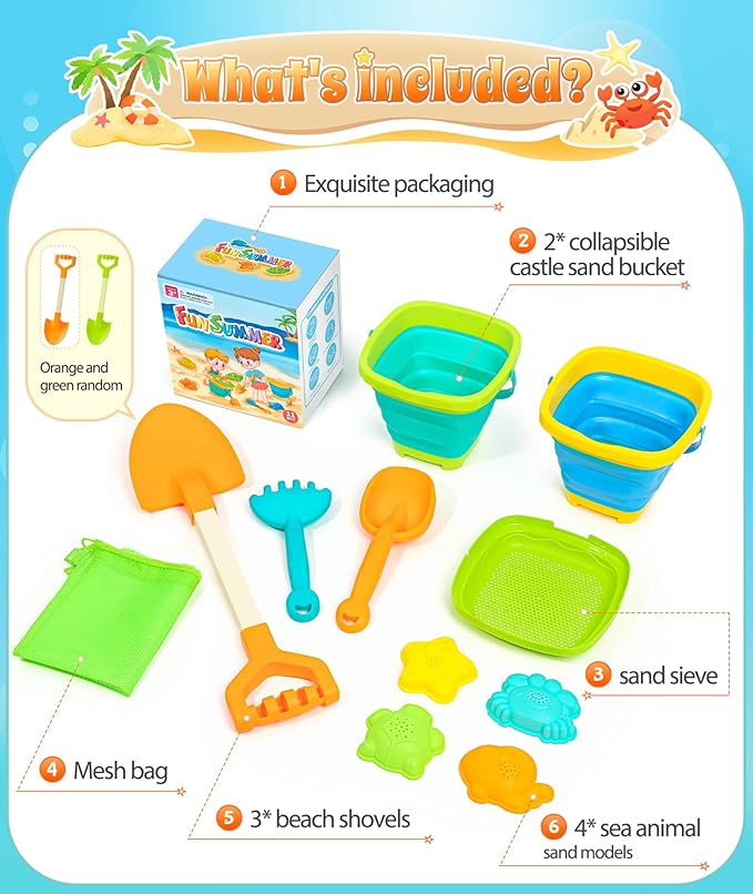 Collapsible Beach Sand Toys for Kids Toddlers, Collapsible Sand Bucket with Sifter Shovels Set with Mesh Bag and Sand Molds, Travel Beach Sandbox Toys for Boys Girls 3 4 5 6 7 8 9 10