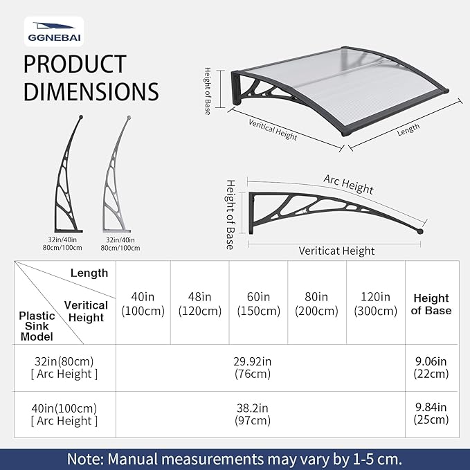 Awning for Door Entrance,32x40 in Window Awnings for Doors Canopy Polycarbonate Cover Patio Door Awning UV Rain Snow Sunlight Protection Hollow Shee