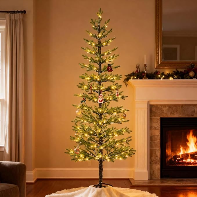 7.5FT 180 LED Minimalist Pre-Lit Slim Pencil Artificial Christmas Tree with Warm White Lights Scandinavian Style Decor Indoor Holiday Decoration Modern Xmas Tree