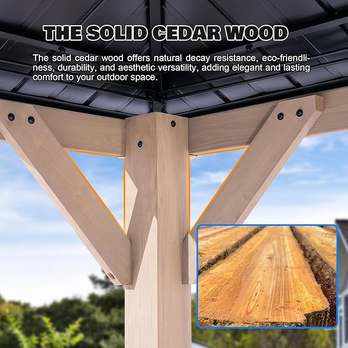 10x12 FT Wooden Hardtop Gazebo,Wood Heavy Duty Solid Cedar Gazebos with Mosquito Netting and Waterproof Curtains,Outdoor Metal Canopy for Deck Patio