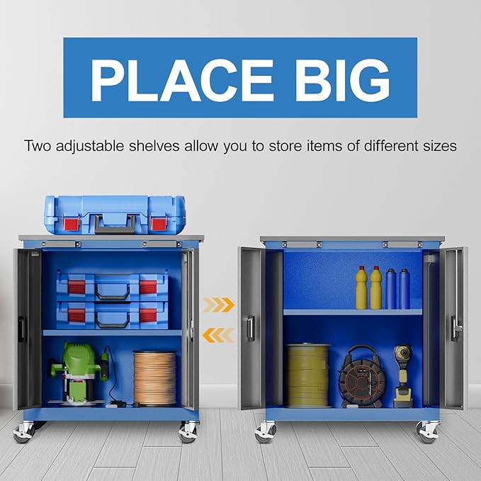 LARBANKE Tool Chest with Wheels and 4 Pad Feet,Tool Chest with 2 Doors and Adjustable Shelves,Lockable Steel Chest for Garage,Home and Office,can be Combined to Large Cabinet Set