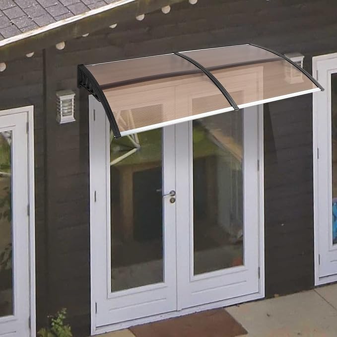 Window Awning Door Canopy Exterior- 38" x 80" Aluminum Door Awning, Polycarbonate Cover Patio Canopy Awning for House, Outside, Rain Snow & UV Resistant (Brown Board & Black Bracket)