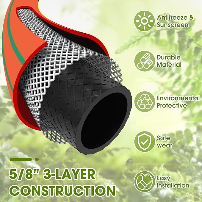 Heavy Duty Garden Hose ? 5/8 Inch Flexible, Lightweight Hybrid Hose with 600 PSI Burst Pressure, Swivel Handle, and Durable Copper Male/Female Fittings (Orange with hose sprayer, 50FT)