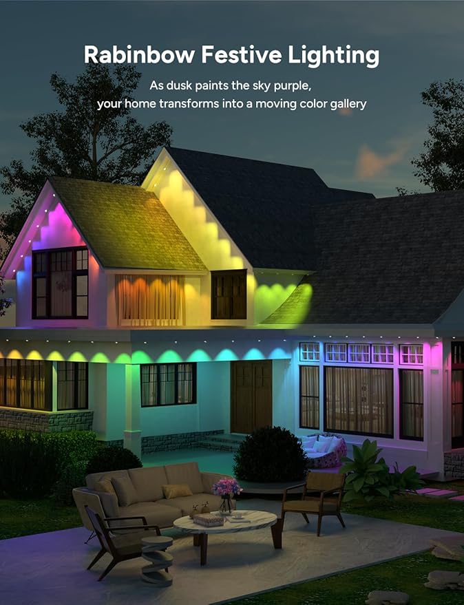 Permanent Outdoor Lights, 100ft with 60 RGB LED Lights for Christmas and Daily, 49 Scene Modes+DIY for Christmas Decor, IP66 Waterproof for Outdoor, Compatible with Alexa, Google Assistant