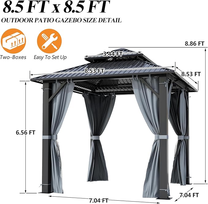 GARTOO 8.5x8.5FT Outdoor Hardtop Gazebo with Double Roof - Aluminum Heavy-Duty Steel Top Gazebo with Breathable Netting & Privacy Curtain for Patio, Porch, Garden, Lawn, Deck, Backyard