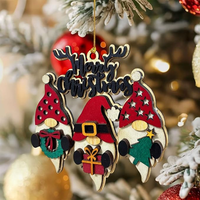 Christmas Gnome Ornament – Wooden Merry Christmas Hanging Decoration with Santa, Gift, Tree & Wreath Design, Rustic Farmhouse Christmas Tree Ornament, Holiday Decor for Home & Office