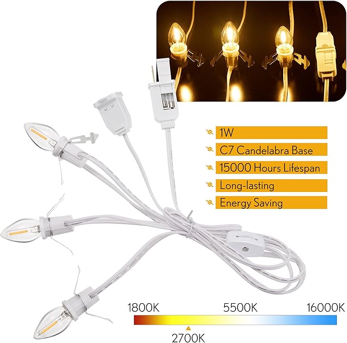 Meonum 3 Pack Accessory Cord with 3 LED Light Bulbs, 8.2 Ft Indoor Blow Mold Light Cord with Female Plug for Halloween Pumpkins Christmas Village Houses and Craft Projects Decoration, Warm White
