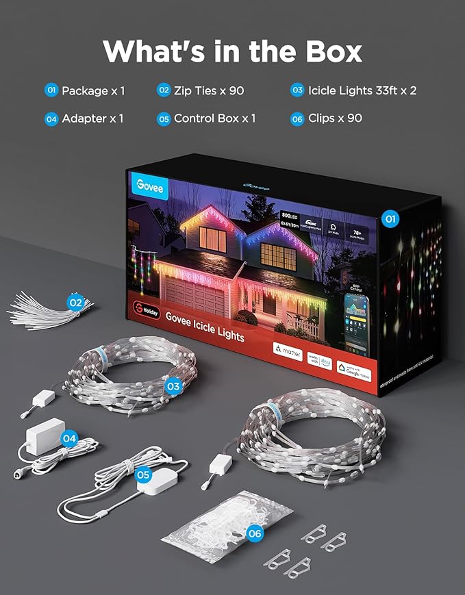 Govee Icicle Lights, Smart RGBIC Christmas Lights for Outside, 66ft with 800 LEDs Icicle Light for Outdoor, IP67 Waterproof, Music Sync, Voice Control, 78+ Scene Modes for Christmas Decor