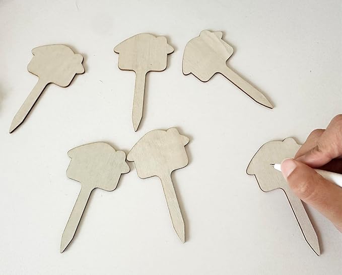 100 Pcs Wood Plant Labels, Natural Wooden Plant Marker Garden Sign Tags, House Type Garden Markers for Succulents, Herbs, Seedlings, Potted, Flowers, Vegetables (House)