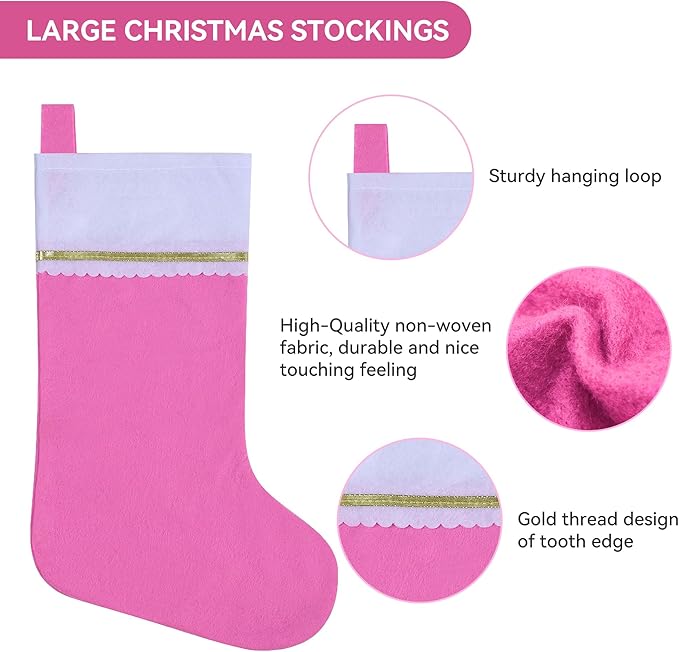 36 Pack Felt Christmas Stockings, 19 Inches Pink and White Christmas Stockings Hanging Ornaments, White Cuff with Gold Trim Christmas Stockings for Family Christmas Holiday Decorations