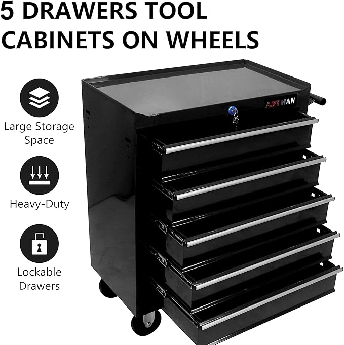 RYH 5Drawers Rolling Tool Chest & Tool Box on Wheels | Heavy Duty Metal Cart with Ball Bearing Drawers | Fits US General Tool Box for Garage Storage (Black, 5 Drawers£¨29.9 H ¡¿ 24.2 W ¡¿ 12.9 D)