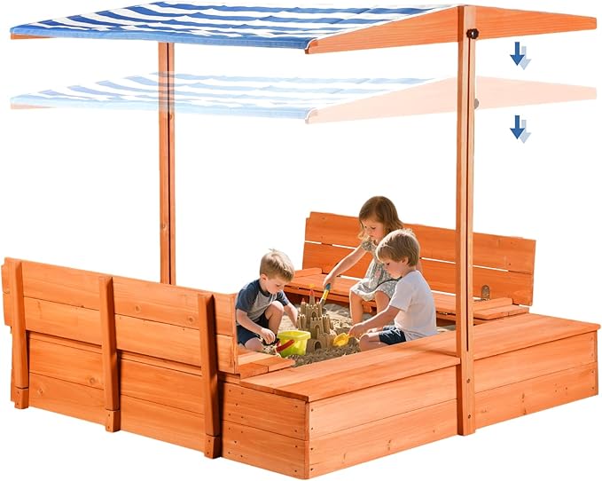 Kids Wooden Outdoor Sandbox with Cover£¬Sand Boxes with Canopy and Foldable Storage Bench Seats, Sand Table with Protection Bottom Liner,Kids Play Equipment for Outdoor(47X47Inch)