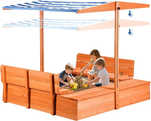 Kids Wooden Outdoor Sandbox with Cover£¬Sand Boxes with Canopy and Foldable Storage Bench Seats, Sand Table with Protection Bottom Liner,Kids Play Equipment for Outdoor(47X47Inch)