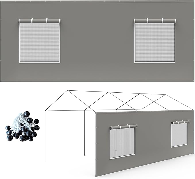 Carport Canopy Replacement Sidewall 20x6.6 FT Fits 10x20, 12x20 FT Carport with Roll-up Windows, Waterproof & UV Protected, Easy Assembly with Ball Bungees, Grey (Sidewall Only, 1 Pack)