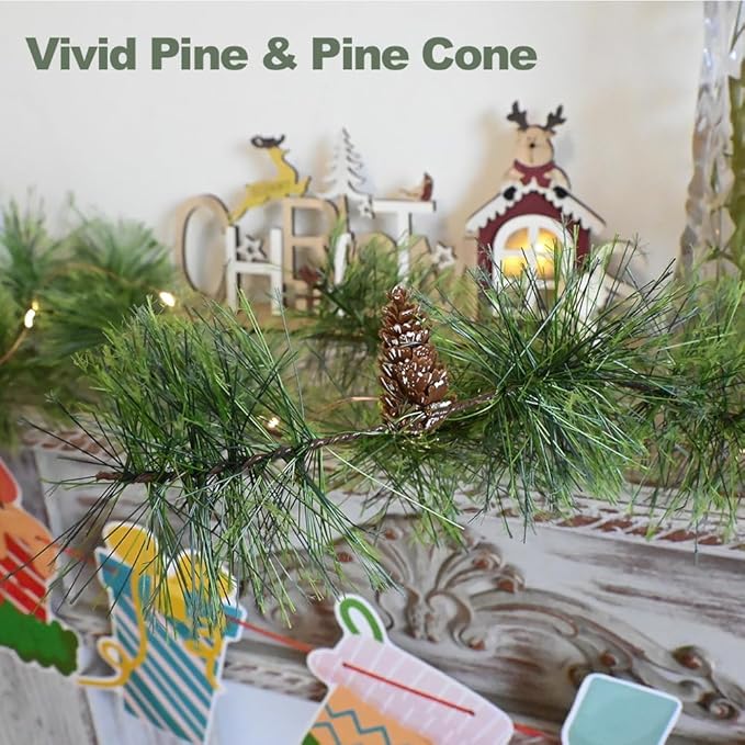 Christmas Garland with Lights 6.56 FT Smokey Pine Garlands with 30 LED Fairy Lights Battery Operated Garland Lights with Pine Cones Artificial Greenery Garland Christmas Pre-lit Light for Home