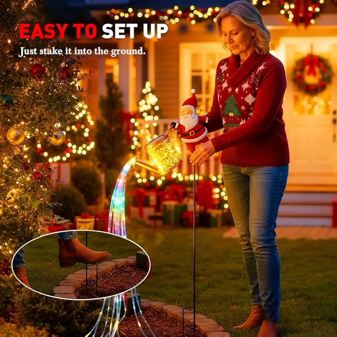 Christmas Santa Solar Kettle Lights Garden Lawn Decorative Lights, Hanging Metal Solar Santa Claus Watering Can Light for Outdoor, Xmas Yard Decor Lamp Vintage Lantern for Patio Path (Multicolor)