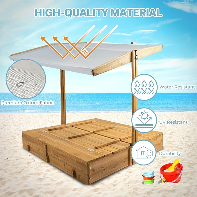 Kids Sand Box with Cover£¬Wooden Outdoor Sandbox with Lid£¬Foldable Bench Seat/Adjustable Canopy£¬UV-Protection &Natural Wood£¬Sand Box for Kids Ages 2-8£¨47x47in£©