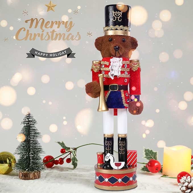 Christmas Nutcracker Decorations Nutcracker Figure 15 Inch Wooden Nutcrackers Teddy Bear Nutcracker Soldier for Table Desktop Home Christmas Decor Xmas Indoor Decor Bear