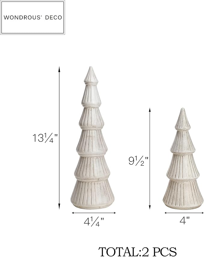 WONDROUS' DECO Wooden Christmas Tree Figurine Decor, Set of 2 White Christmas Tree Table Centerpieces, Small Distressed White Xmas Trees Set Decoration for Vintage Mantle Indoor