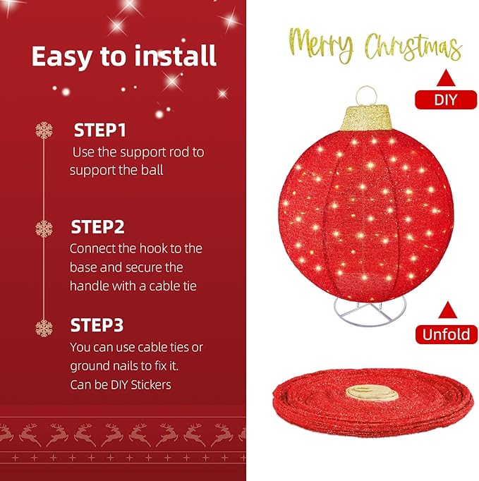 HOYECHI 2pc Lighted Pop-Up Outdoor Christmas Ornament Set – Holiday Ball Decorations with 200 LED Lights, 8 Lighting Modes, for Yard & Outdoor Christmas Decor - Red/Gold