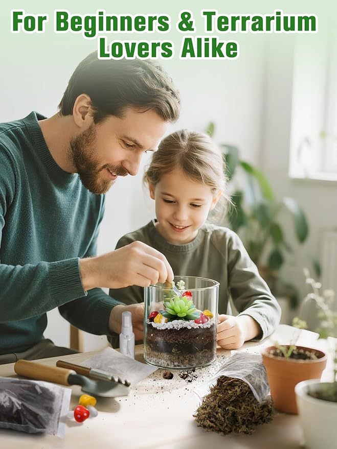 Terrarium Kit Adults - Includes Pumice, Moss, Soil, Pebbles, Charcoal, 2 Tools, Mushroom Ornaments for Succulent Cactus, Christmas Terrarium Accessories Decor Gifts for Starter Women