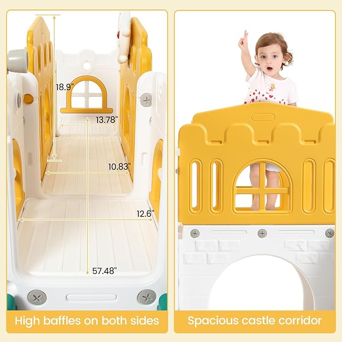 8-in-1 Toddler Slide and Climber Playset for Kids Ages 1-3, Indoor/Outdoor Playground with Basketball Hoop, Tunnel, Telescope, Steering Wheel & Storage, Orange-Green, American Standard