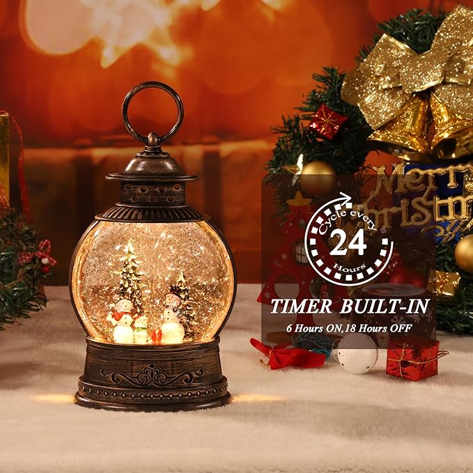 Christmas Snow Globe Lantern Water Glittering Rotating with Music and Timer, USB Lined/Battery Operated Lighted Lantern for Christmas Festival Decoration Gifts