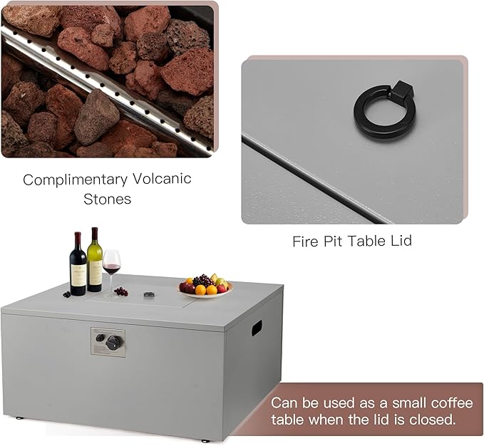 ECOTOUGE 32 Square Propane Fire Pit Table, 50,000 BTU Outdoor Gas Fire Pit with Lid, Steel Fireplace w/Weather-Resistant Pit Cover, Lava Rocks for Patio, CSA Certified, Grey