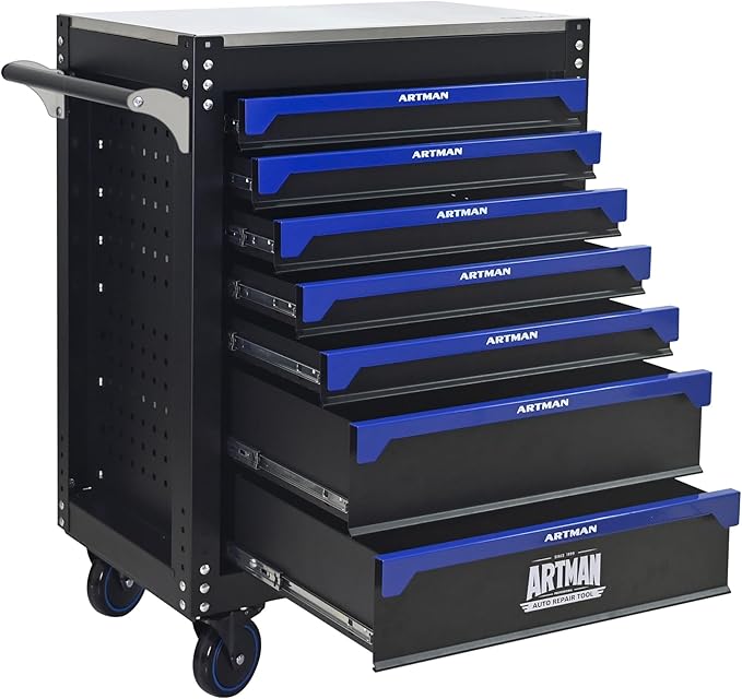 RYH 26.65 W Rolling Tool Cart with Wheels & Steel Top | Mobile Tool Chest Organizer for Garage Storage Cabinet & Toolbox | Heavy-Duty Steel Tool Bo(Black-Blue, 7-Drawers 39.17 H¡¿26.65 W-1)