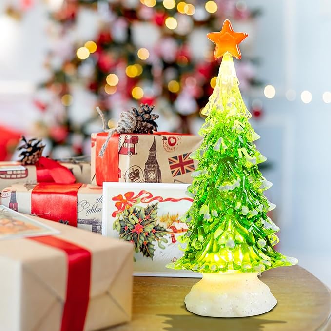 Small Christmas Tree Green Acrylic Tree with Timer 8 Inch Tabletop Christmas Tree with LED Lights Vintage Christmas Decoration Battery Operated Mini Green