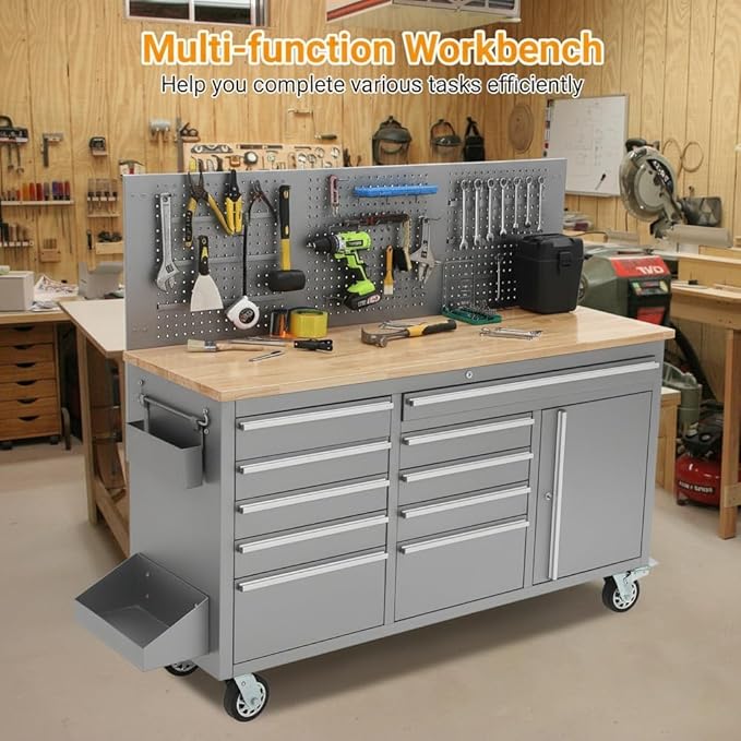 61 Inch Rolling Tool Chest, 10 Drawer Garage Tool Cabinet with Solid Rubber Wood Top, Heavy Duty Mobile Workbench with Power Strip, Lockable Steel Storage Organizer for Workshop and Home, Silver