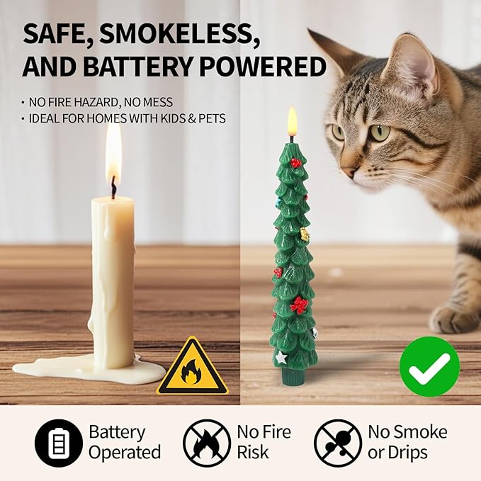 Flameless LED Christmas Tree Candles, 4 Pack – Battery Operated Holiday Decor with Realistic Tree Texture, Warm Flickering Light, Safe for Kids & Pets, Tabletop & Mantel Decorations