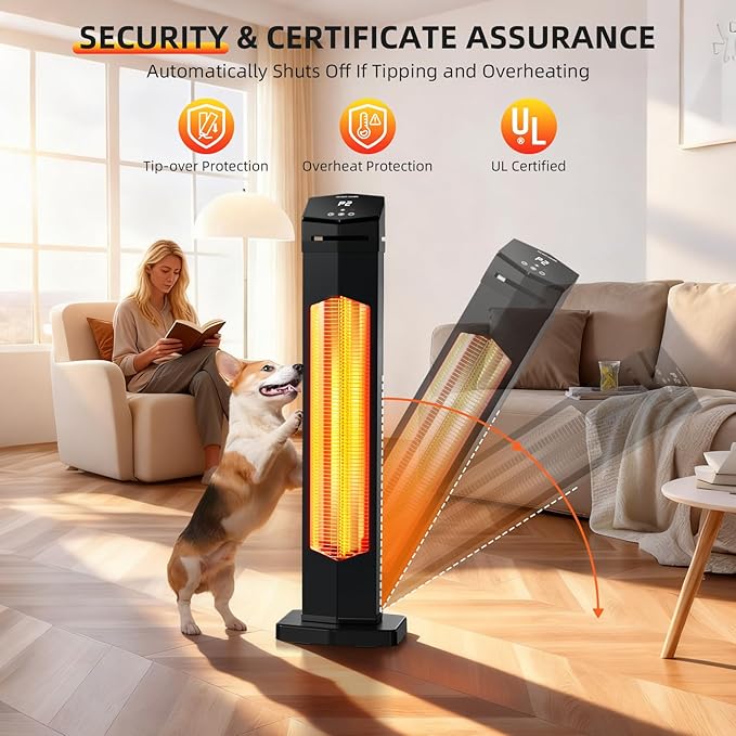 Outdoor Electric Patio Heater, 1500W 36in Infrared Tower Heater with 2 Heat Settings, 12-Hour Timer, IPX5 Waterproof, Tip-Over & Overheat Protection for Garage, Home, and Covered Spaces with Remote