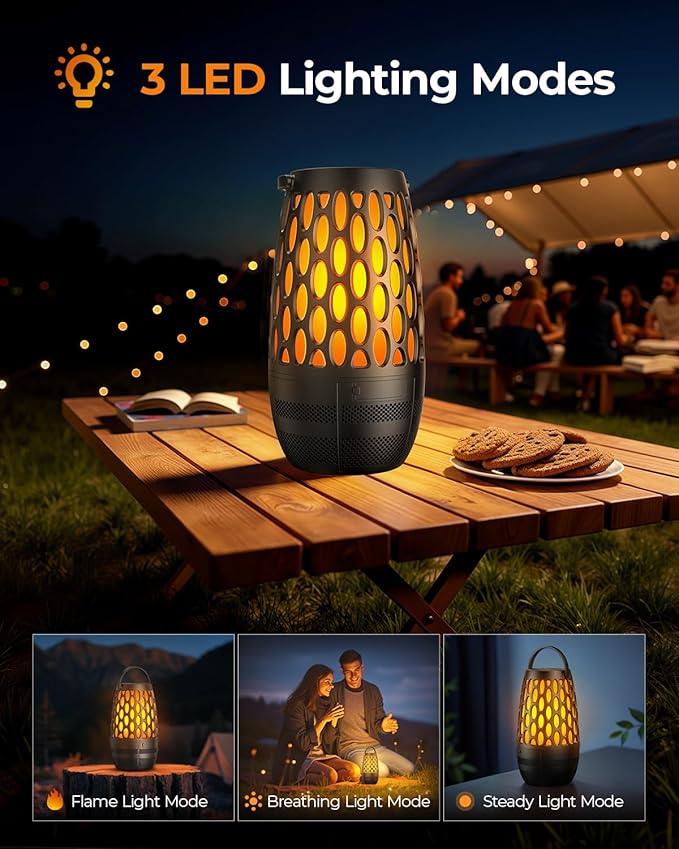 Outdoor Speakers Bluetooth Waterproof IPX6 with Flame Lights, Gadget Gifts for Dad, Hd Stereo Sound, BT 5.3 Multi-Sync to 100 Speakers, Portable Wireless Speaker for Patio Cafe Decor Party -1Pack