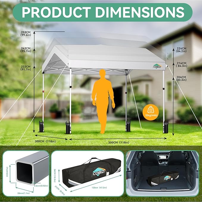 COBIZI 10x10 Pop Up Canopy with One Button Push Center Lock,Ez Up Portable Carport with 1 sidewall,Waterproof UV50+ Outdoor Party Commercial Carport Canopy Gazebos with Carry Bag(10 x 10 ft White)
