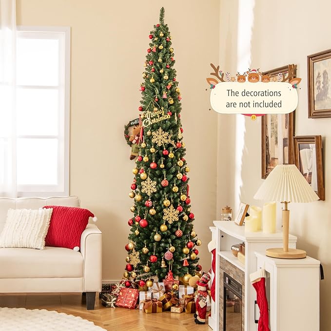 GOFLAME 8FT Pencil Christmas Tree, Slim Artificial Xmas Tree with 671 Memory Wire Branch Tips & Upgraded Metal Stand, Seasonal Holiday Decoration Tree for Home Office Party