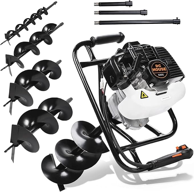 DC HOUSE 52cc 1800W Gas Powered Earth Auger EPA Certified Post Hole Digger, with 4 Drill Bits 4 6 8 12 and 3 Extension Rods 8 12 20, Mixing Ratio 30:1, for Fence, Farmland and Garden