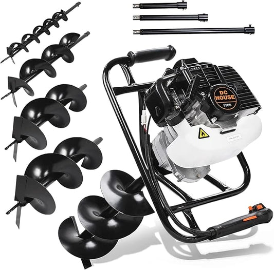 DC HOUSE 52cc 1800W Gas Powered Earth Auger EPA Certified Post Hole Digger, with 4 Drill Bits 4 6 8 12 and 3 Extension Rods 8 12 20, Mixing Ratio 30:1, for Fence, Farmland and Garden