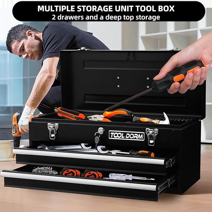 20.3¡° Metal Tool Box with Drawer Portable Steel Tool Box with EAV Liner and Latch Closure and Lock for Garage, Home and Warehouse (Black-2 Drawers)