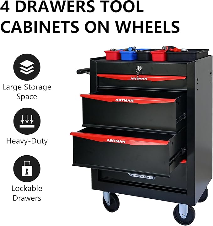 RYH 4/5/6/7 Drawers Rolling Tool Chest - Heavy Duty Mobile Tool Cart with Locking Wheels & Ball Bearing Drawers, 30.5 H x 20.9 W x13 D Garage Tool Storage Cabinet£¬Metal Tool Box (Black, 4 Drawers)