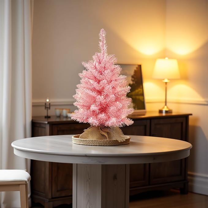 2ft Pink Christmas Tree with 50 Led Warm Lights, Artificial Christmas Tree with 72 Branch Tips, Battery Operated Small Xmas Tree for Table Desk Best Holiday Home Decorations