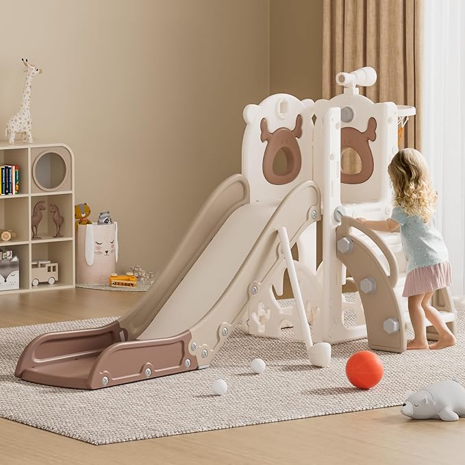 Mloong 7 in 1 Toddler Slide, Kids Slide for Toddlers Baby 1-3 Years Old, Indoor and Outdoor with Basketball Hoop Upgraded Golf for Kids Easy Assembly Elk Design(Beige & Rosy Brown)(28×62×39in)