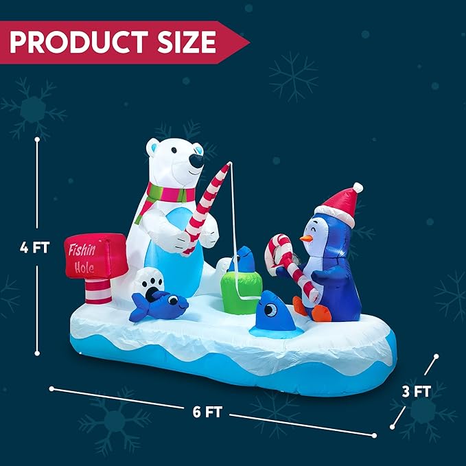 Joiedomi 6 FT Long Christmas Inflatable Penguin & Polar Bear Decoration, Blow Up Yard Decoration Fishing Hole Sign with Build-in LEDs for Christmas Party Indoor Outdoor Yard Garden Lawn Decorations